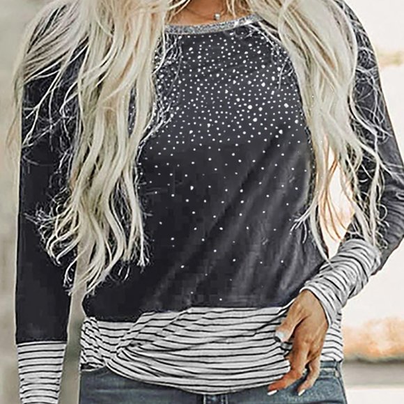 JUST IN! GRAY Rhinestone beaded Long Sleeve Top - Picture 4 of 14